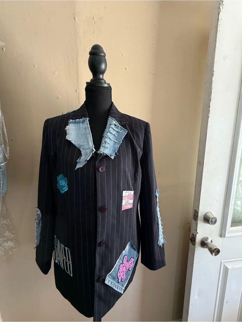 Blue Pinstripe Patchwork Blazer Jacket with Denim Accents - Picture 2 of 4